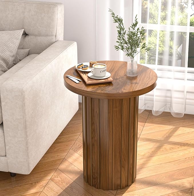 Farmhouse Pedestal End Table Round Side Table with Fluted Panel Rustic Drink Table for Small Space Living Room (Walnut)