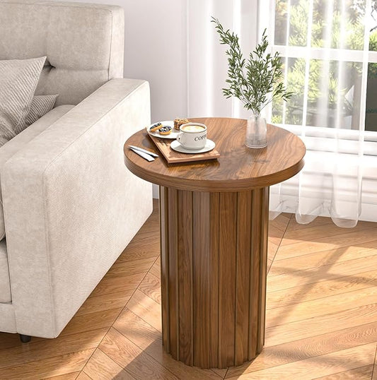 Farmhouse Pedestal End Table Round Side Table with Fluted Panel Rustic Drink Table for Small Space Living Room (Walnut)