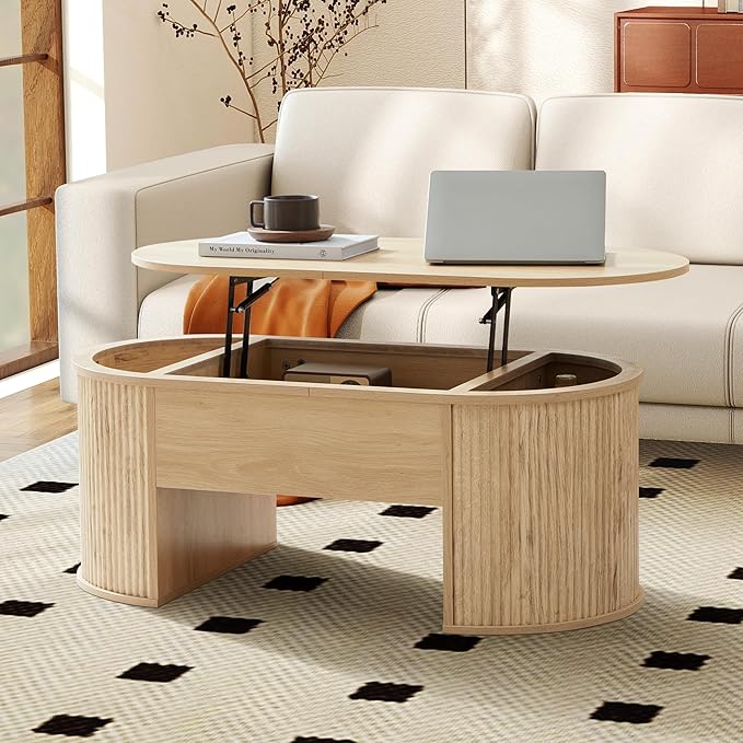 ORRD Lift Top Coffee Table, Fluted Coffee Table with Lifting Top, Wooden Lift Up Dining Table with Hidden Compartment, Center Table for Living Room, Office - Oak