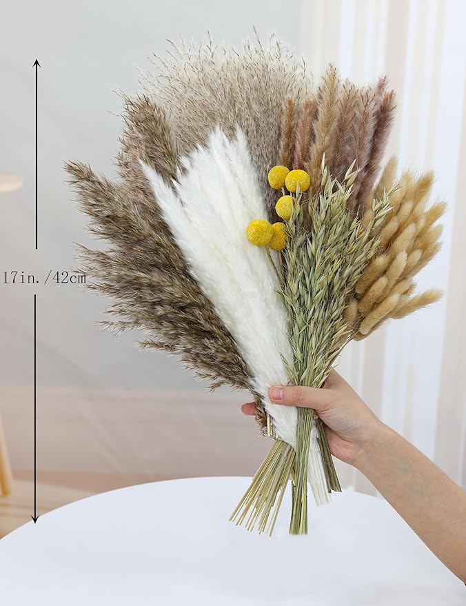 118PCS Dried Flowers Bouquet,(Vase Not Included), Dried Pampas Grass, Reed,Pompas Grass, Boho Wedding Reception,Table Centerpiece Decoration.