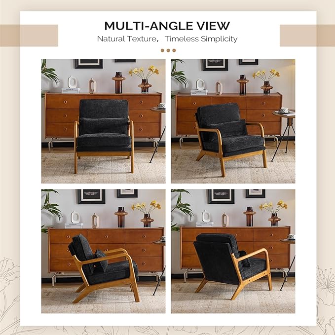 VINGLI Chenille Mid-Century Modern Accent Chair Set of 2, Cute Reading Arm Chair with Cushion & Lumbar Pillow & Solid Wood Frame for Lounge, Living Room, Reading Room, Bedroom, Black