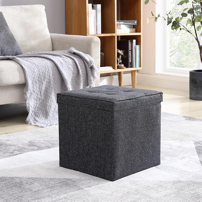 Ornavo Home Square Storage Ottoman Linen Foldable Tufted Cube Storage Foot Rest Stool/Seat with Table Top Lid, Coffee Table Ottoman - 15" x 15" x 15" (Black)