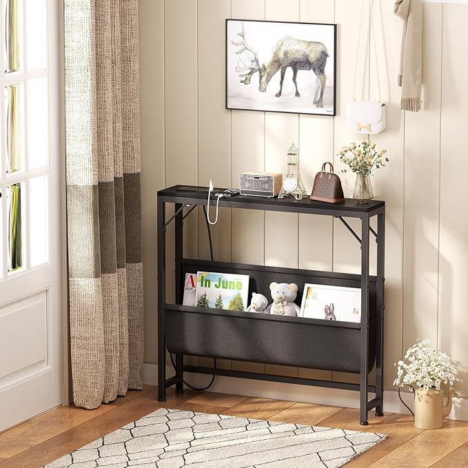 31.5'' Small Console Table with Charging Station and Storage, Entryway Table Narrow with Power Outlets and USB Ports, Skinny Sofa Table, for Living Room, Foyer, Entryway, Hallway, Black