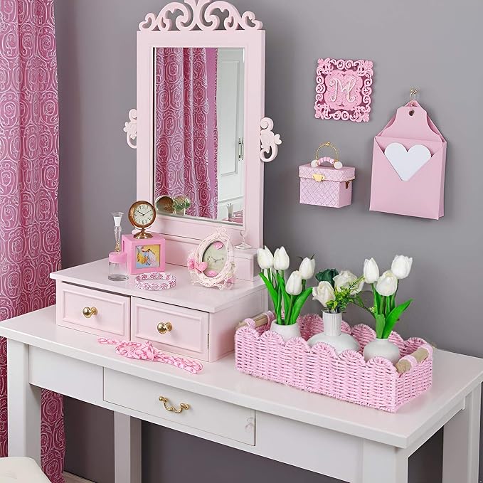 CubesLand Paper Rope Scalloped Edge Gift Basket Empty, Small Living Room,Bedroom Decor Baskets, Pink Woven Toilet Paper Storage Basket, with 2 Wooden Handle, Rectangular