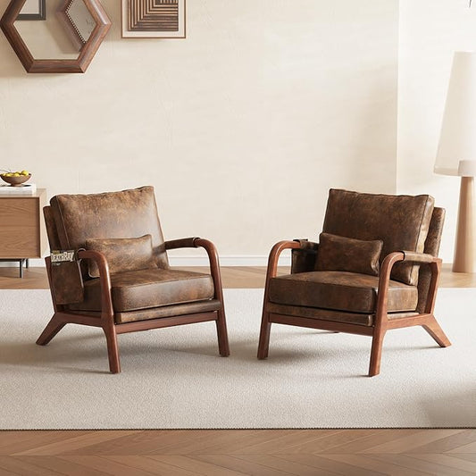 Mid Century Modern Chair Set of 2, Upholstered Lounge Arm Chair with Solid Wood Frame, Comfy Accent Chair for Living Room, Bedroom, Reading, Reception, Brown