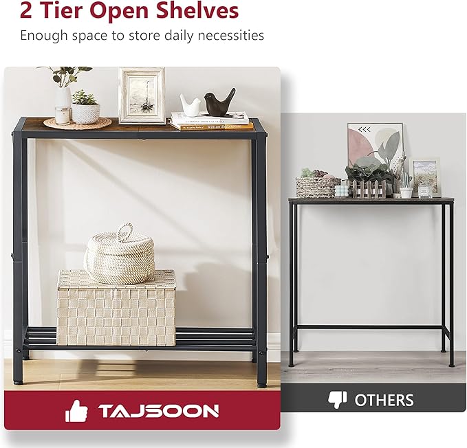 Tajsoon Console Table, 2 Tier Small Hallway Table, Narrow Sofa Table for Entryway with Open Shelves for Living Room, Hallway, Foyer, Office, Rustic Brown