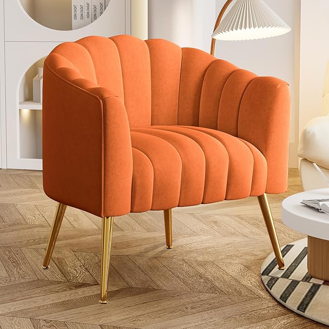 Oversized Pumpkin Couch Accent Chair, Modern Comfy Velvet Upholstered Barrel Chairs, Luxury Single Sofa Armchair for Living Room, Waiting Room, Office and Vanity, (Orange)