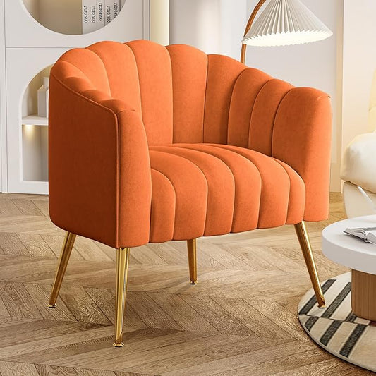 Oversized Pumpkin Couch Accent Chair, Modern Comfy Velvet Upholstered Barrel Chairs, Luxury Single Sofa Armchair for Living Room, Waiting Room, Office and Vanity, (Orange)