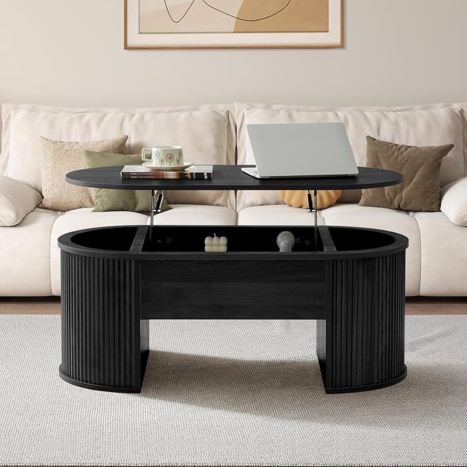 ORRD Lift Top Coffee Table, Fluted Coffee Table with Lifting Top, Wooden Lift Up Dining Table with Hidden Compartment, Center Table for Living Room, Office - Black