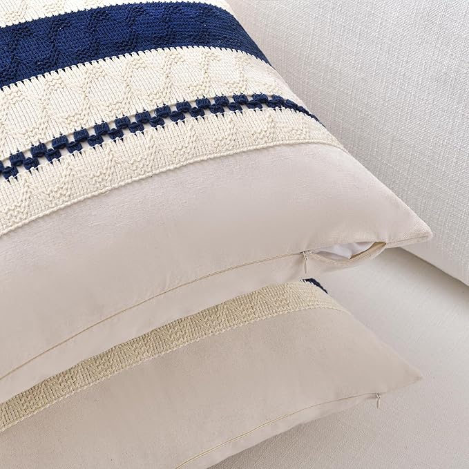 Fancy Homi Set of 2 Navy Blue Decorative Throw Pillow Covers 18x18 Inch for Couch Bed Sofa Living Room Office, Aesthetic Modern Organic Farmhouse Home Decor, Soft Cotton Woven Textured Cushion Case