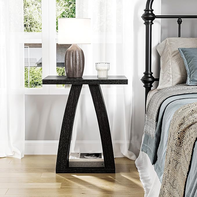 End Tables Living Room. Side Table Beside Sofa. Modern End Table for Living Room. Couch Side Table with Shelf. Black Wood Side Tables