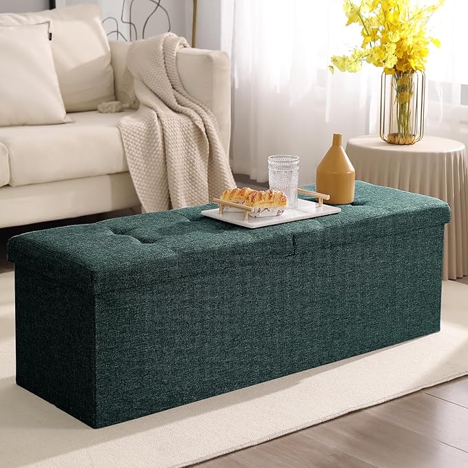 CUYOCA 45.3 Inches Ottoman Bench - Foldable Seat, Footrest, Shoe Bench, End of Bed Storage With Flipping Lid, 166L Space, Linen Fabric Emerald