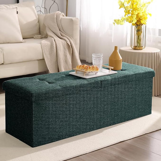 CUYOCA 45.3 Inches Ottoman Bench - Foldable Seat, Footrest, Shoe Bench, End of Bed Storage With Flipping Lid, 166L Space, Linen Fabric Emerald