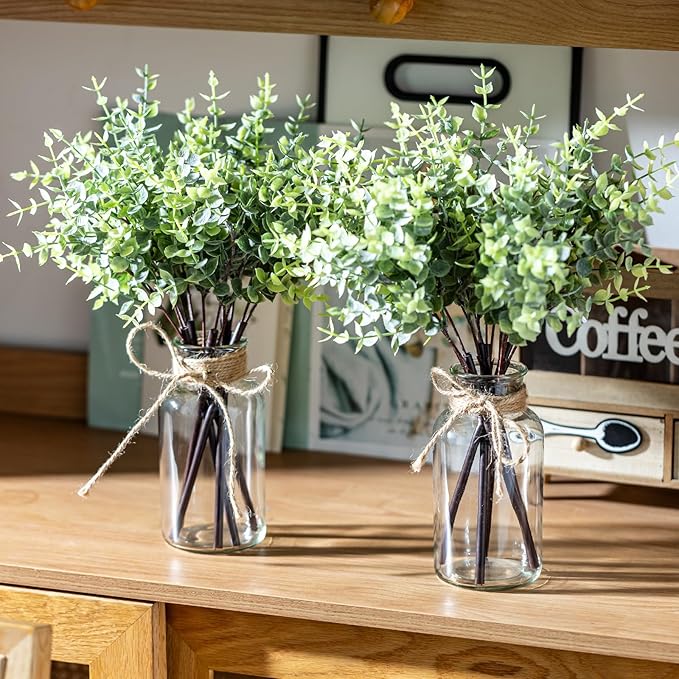 14" Artificial Eucalyptus Stems in Glass Vase, Fake Plants Faux Eucalyptus Branches Greenery Stems for Home Decor Farmhouse Wedding Table Decoration (1)