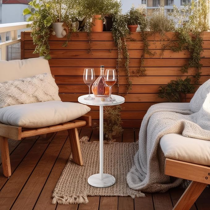 Round End Table with Marble Base Drink Tables for Small Spaces Pedestal Table Small Round Side Table for Sofa Couch Chair Patio, White