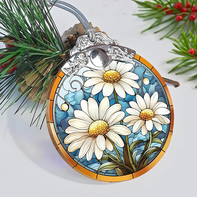 Stained Glass Christmas Ornament, Jocidea Daisy Christmas Decorations, Christmas Tree Ornament, Daisy Lovers Gifts, Holiday Decor and Xmas Gifts Ideas