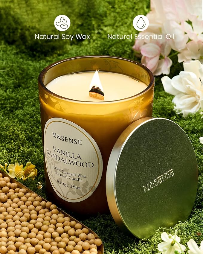 M&SENSE Vanilla Sandalwood Candle, Cracking Wooden Wick Soy Wax, 18oz 100 Hours Long Lasting Clean Burn, Large Jar Candles for Home Scented, Non-Toxic Relaxing Aromatherapy Gifts for Women