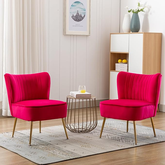 Velvet Accent Chair Set of 2 Comfy Living Room Chair Armless Slipper Chair Mid Century Side Single Sofa Chair with Golden Legs Wingback for Bedroom Guest Room, Hot Pink