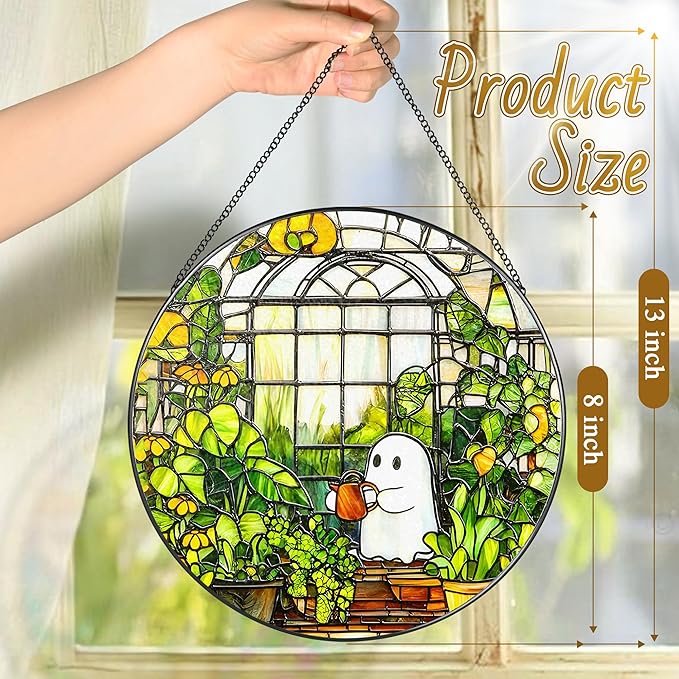 8'' Halloween Ghost Greenhouse Sun Catcher Ornament, Stained Glass Window Hanging, Sun Catchers for Windows Hanging Ornaments, Window Decor, Holiday Present, Ideal Gift | Plant Lovers Gifts