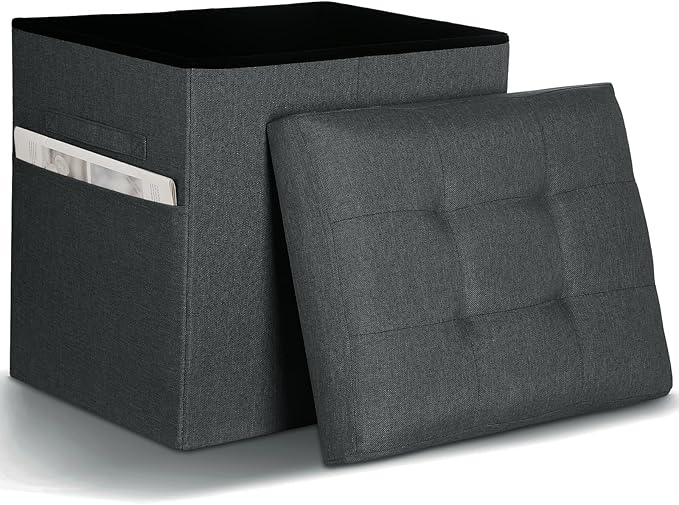 Small Ottoman with Storage, 61L Slim Tall Foldable Ottoman Foot Rest Stool with Thicker Foam Padded Seat. Linen Storage Bench for Bedroom Living Room, 300lbs Weight Support, 17x13x13IN, Gray Black