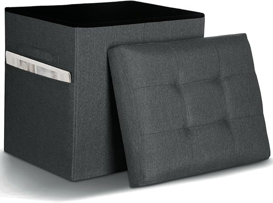 Small Ottoman with Storage, 61L Slim Tall Foldable Ottoman Foot Rest Stool with Thicker Foam Padded Seat. Linen Storage Bench for Bedroom Living Room, 300lbs Weight Support, 17x13x13IN, Gray Black