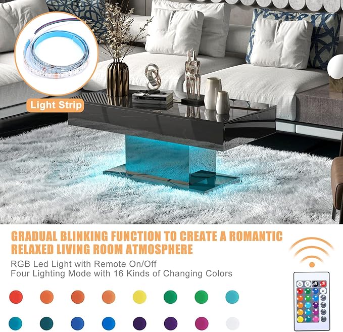 Led Coffee Table for Living Room, Living Room Table Rectangular Center Table, Modern High Glossy Wooden Coffee Tables with 16 Colors LED Lights for Dining Reception Room, Black