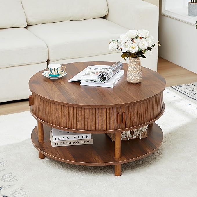 31.5” Round Coffee Table with Storage, Mid Century Modern 2 Tier Coffee Table with Tambour Sliding Door, Solid Wood Legs Fluted Center Table for Living Room Home Office Small Space, Walnut