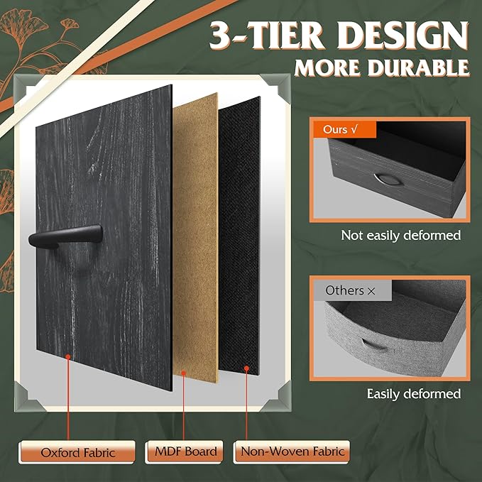 Tall Console Table with 16 Fabric Drawers, Entryway Table with Storage, Large Storage Organizer with Wood Top, Steel Frame for Living Room, Hallway, Office, Charcoal Black Wood Grain Print