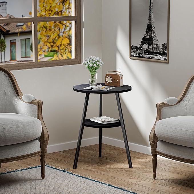 INHABIT UNION Round Side Table, 2-Tier End Table with Black Wood Top and Metal Frame, Small Accent Table for Living Room, Bedroom, 15.4" D x 21.6" H