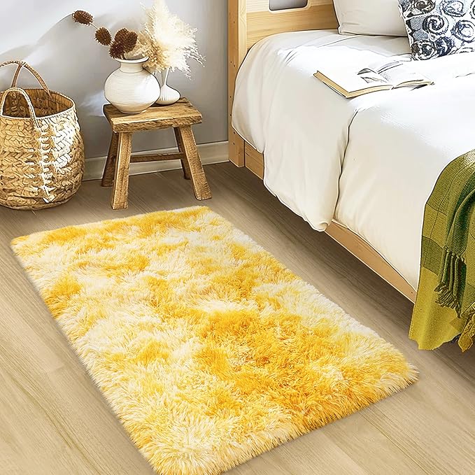 Small Rugs for Bedroom, Fuzzy Throw Rug for Living Room Dorm, Soft Fluffy Bedroom Rug, Non Slip Shag Rugs, Modern Indoor Home Decor Aesthetic, 2x3 Feet, Tie-Dyed Yellow