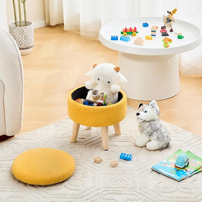Mxfurhawa Versatile Storage Ottoman, Round Footstool with Soft Padded Seat, Small End Table with 4 Wood Legs, Teddy Velvet Foot Rest for Couch,Shoe Changing Stool for Living Room (Yellow)