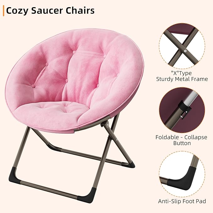 GarveeHome Comfy Oversized Saucer Chair – Soft Plush Fabric Reading Lounger for Adults, Stable X-Large Metal Frame Foldable Accent Lazy Chair for Bedroom, Living Room, Dorm, Office, Pink