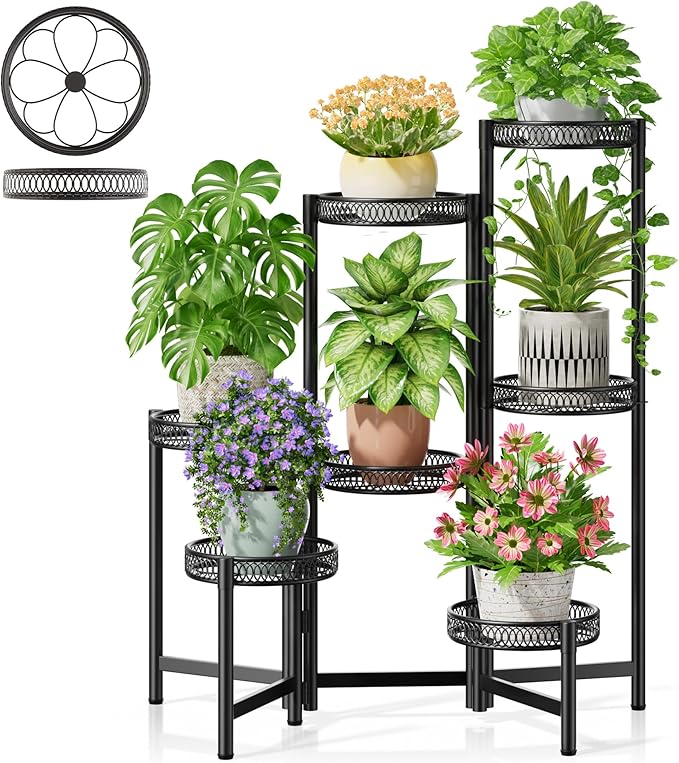 Plant Stand Indoor Outdoor, 7 Tier Large Plant Stand with 7.9-Inch Wide Drainage Tray, Tiered Corner Metal Iron Flower Display Holder Shelf, Folding Tall Rack for Patio Balcony Porch - BlackFlower