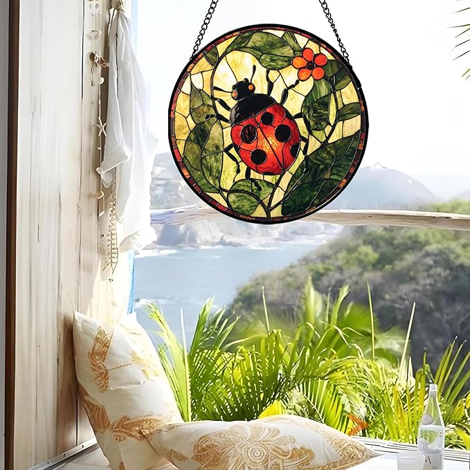 Stained Glass Window Hanging - Red Ladybug Green Plant Flower Sun Catcher for Door Home Decor Insect Suncatcher Christmas Mother's Day Birthday Gifts for Women Men Mom Nana 6.3 in