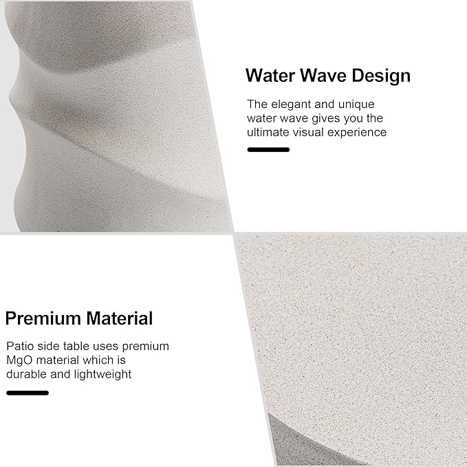 HOMPUS Outdoor Side Table, Patio End Table w Water Wave, Unique MgO Round Lightweight Concrete Accent Table, Modern Vintage Plant Stand Garden Tool for Indoor Outdoor Use, Warm White