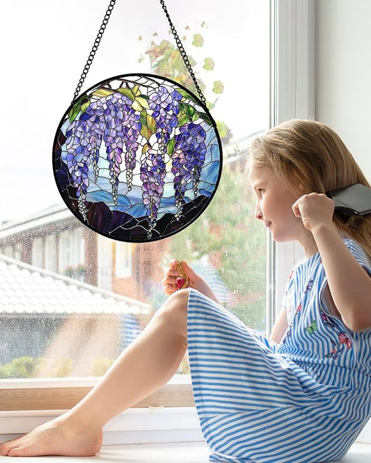 Stained Glass Window Hanging, Wisteria Flower Sun Catcher for Door Home Decor Purple and Blue Suncatcher Christmas Mother's Day Birthday Gifts for Women Men Mom and Nana 11.8 in