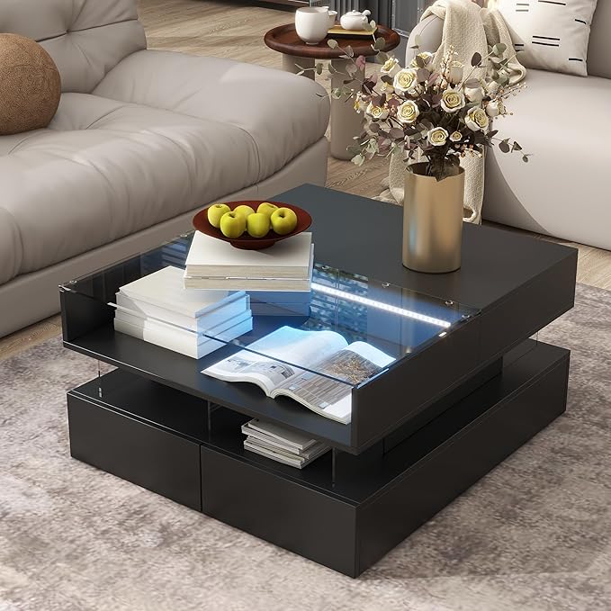 29.5" Lift Top Coffee Table with 2 Drawers and LED Lights, Modern Square High-Gloss Center Table Cocktail Tea Table with Glass Top and Hidden Space for Living Room Apartment Black