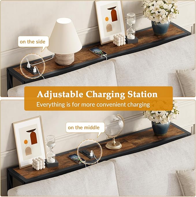 41.8" Console Table, Narrow Behind The Couch Table with Outlet, Industrial Skinny Stand for Hallway, Entryway, Living Room, Bedroom, 6.5 Feet Power Cord,Rustic Brown