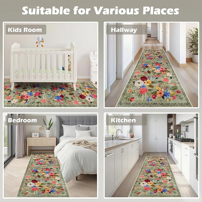 Rug for Hallways Kitchen Rug 2x6 Green, Non Slip Washable Rugs with Rubber Backing Soft Floral Carpet Runner for Hallways, Kitchen, Laundry, Bedroom, Bathroom (2 x 6, Green Lawn)