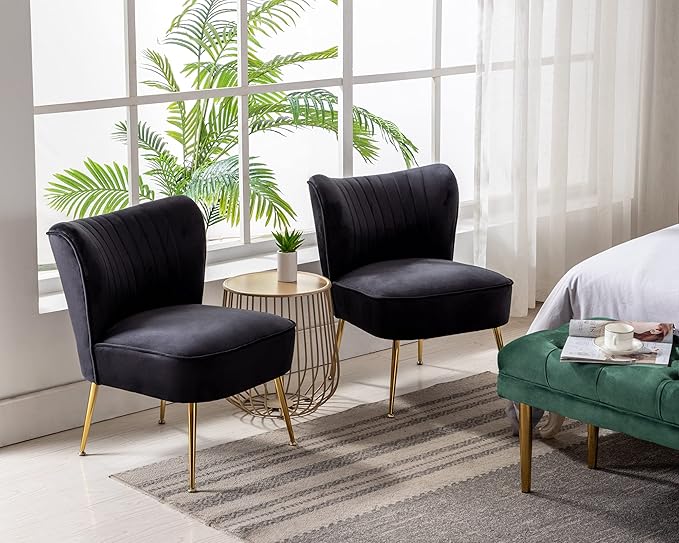 Velvet Accent Chair Set of 2 Comfy Living Room Chair Armless Slipper Chair Mid Century Side Single Sofa Chair with Golden Legs Wingback for Bedroom Guest Room, Black