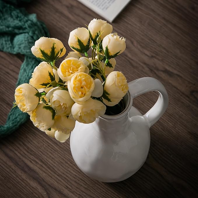 White Ceramic Vase with Big Handles, Modern Farmhouse Decor, Rustic Pottery for Flowers, Decorative Terracotta Centerpiece for Dining Table