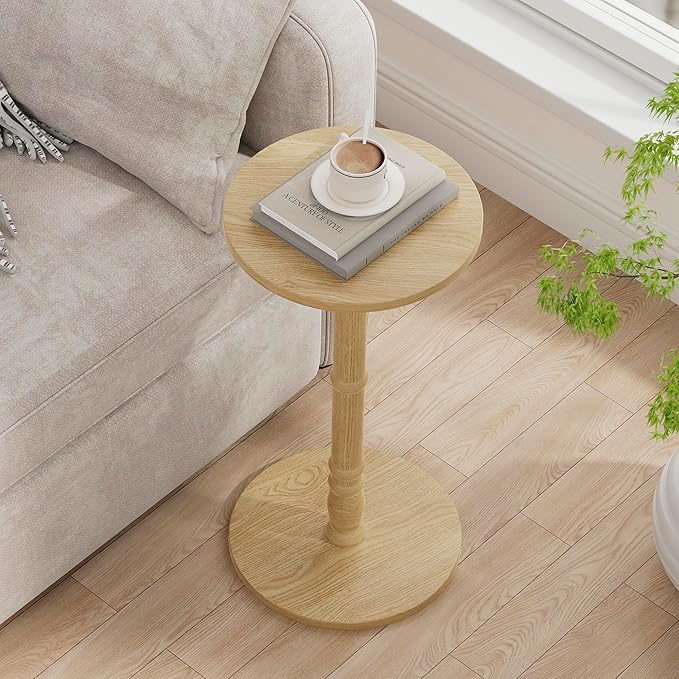 Round Side Table, Solid Wood Pillar with Wood Top & Base, Small Drink Accent Table for Living Room, Bedroom, Sofa & Office, Easy Assembly, Natural