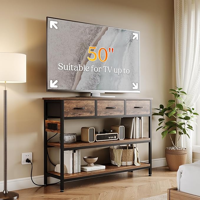 Lulive Entryway Table with Power Outlets, Console Table with 3 Fabric Drawers, Sofa Table for Living Room, Hallway, Couch, Foyer, Height Adjustable (Rustic Brown, 43")