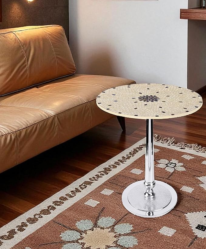 CLEENTABLE Mosaic Round End Table - Modern Coffee Accent Table with Artistic Top, Electroplated Silver Legs - Lightweight, Durable, Easy Assembly 15 x 21 Inches (Ivory Silver)