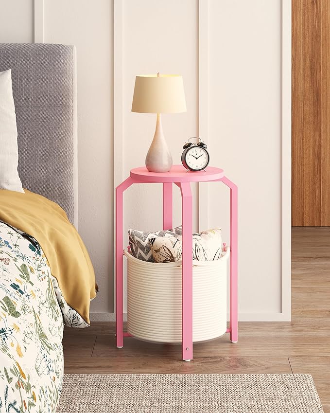 TUTOTAK Small Side Table, Round End Table, Night Stand, Bedside Table, Set of 2, Sofa Table with Storage Basket, Living Room, Bed Room, Pink TB01BP0922