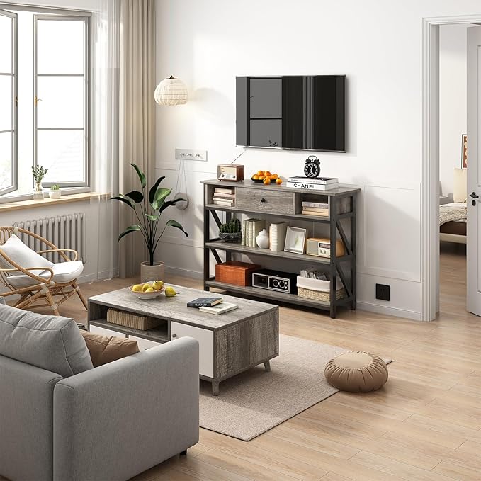 Mexin 39 Inch Console Sofa Table with Drawer, Entryway Table with Storage Shelves, Industrial Wood Hallway Table for Living Room, Couch, Foyer, Kitchen Counter, Grey Oak