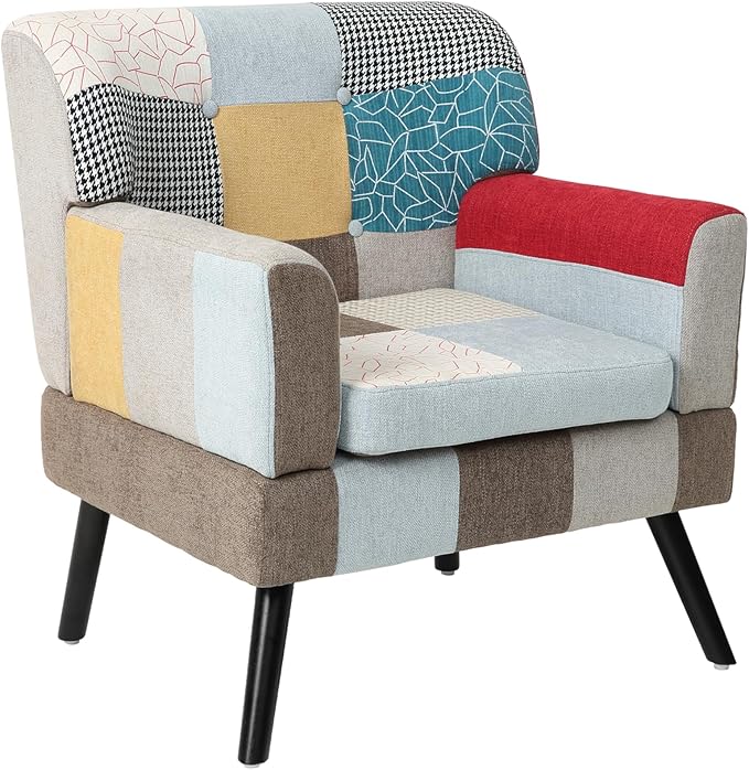 Modern Colorful Accent Chair,Boho Side Chair with Wood Leg,Comfy Upholstered Patchwork Chairs Cozy Comfy Armchair s for Living Room,Bedroom