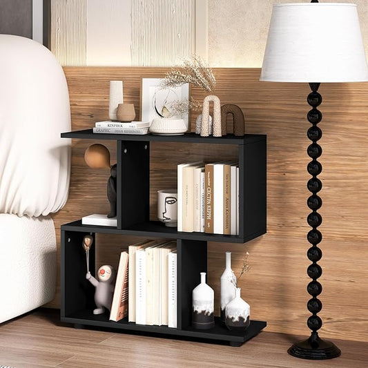 Giantex 3-Tier Geometric Bookshelf, 24" Tall Wood S-Shaped Display Shelves with Thick Foot Pads, Freestanding Open Shelves Nightstand, Floor Standing Display Shelf Bookcase, Black