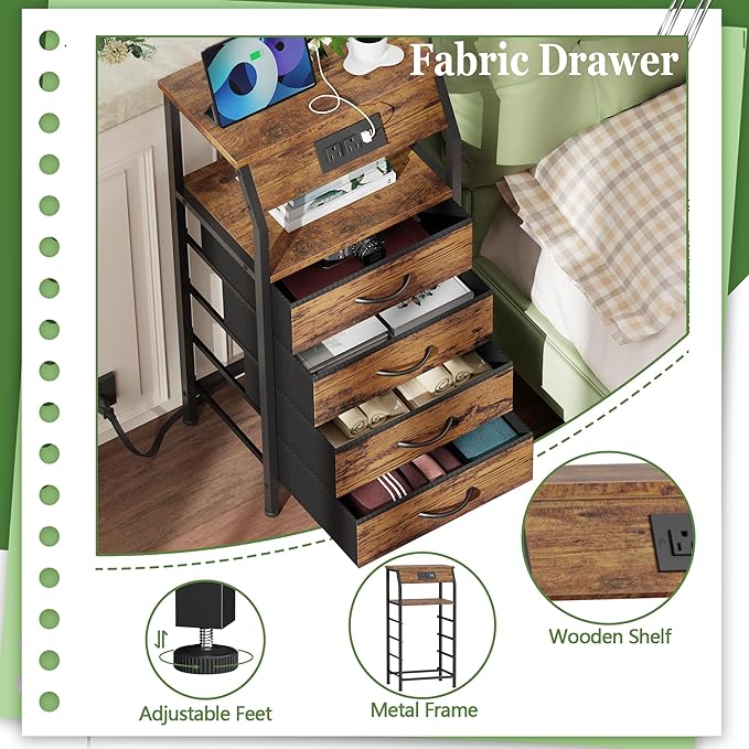 Furnulem Night Stand with Charging Station, Small Dresser with 4 Fabric Drawers, 33.3 Inch Tall Bedside Table, Storage Tower for Closet, Entryway, Bedroom Furniture, 3 Ways to Use, Rustic Brown