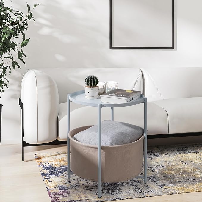 danpinera Round Side Table with Fabric Storage Basket, Metal Side Table Small Bedside Nightstand with Removable Tray Top for Living Room, Bedroom, Nursery, Laundry, Blue-Gray